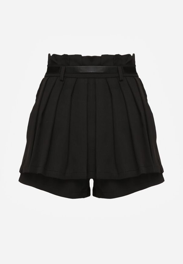 Renee - Czarne Spódnico-Szorty Plisowane High Waist Ozdobione Paskiem Eranivia. Okazja: na co dzień. Stan: podwyższony. Kolor: czarny. Wzór: aplikacja. Sezon: lato. Styl: casual, elegancki