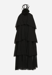 Born2be - Czarna Sukienka z Falbanami Wiązana na Szyi z Broszką Kwiatem Tinallena. Okazja: na co dzień. Kolor: czarny. Wzór: kwiaty. Styl: casual #6