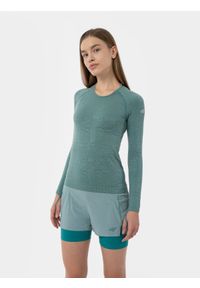 4f - Longsleeve bezszwowy do biegania w terenie damski. Kolor: turkusowy. Materiał: włókno, dzianina. Długość rękawa: długi rękaw. Wzór: nadruk. Sport: bieganie #1