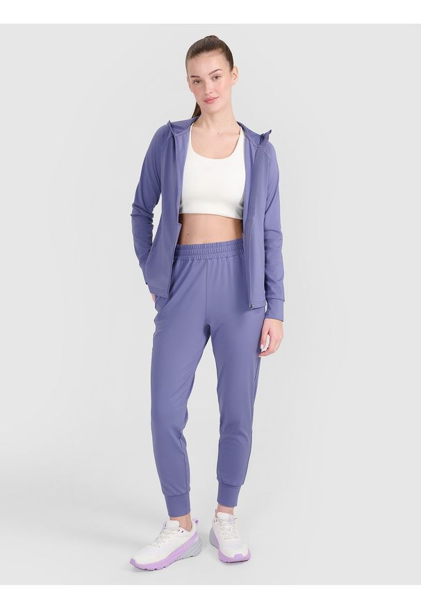 4f - 4F Bluza treningowa regular szybkoschnąca damska - niebieska XS. Okazja: na co dzień. Typ kołnierza: kaptur. Kolor: niebieski. Materiał: materiał, syntetyk, dzianina, włókno, elastan. Długość rękawa: raglanowy rękaw. Wzór: ze splotem, jednolity, gładki. Styl: sportowy, casual. Sport: fitness