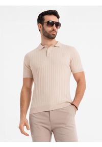Ombre Clothing - Męska koszulka polo z wiskozą SLIM FIT w pionowy prążek – beżowa V2 - Rozmiar: XXL. Typ kołnierza: polo. Kolor: beżowy. Materiał: wiskoza. Wzór: prążki. Styl: klasyczny, elegancki