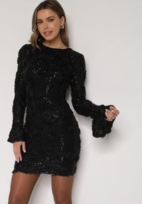Born2be - Czarna Cekinowa Sukienka z Kwiatami 3D Naweda. Okazja: na spotkanie biznesowe. Kolor: czarny. Materiał: poliester, jeans. Wzór: kwiaty. Styl: biznesowy #7