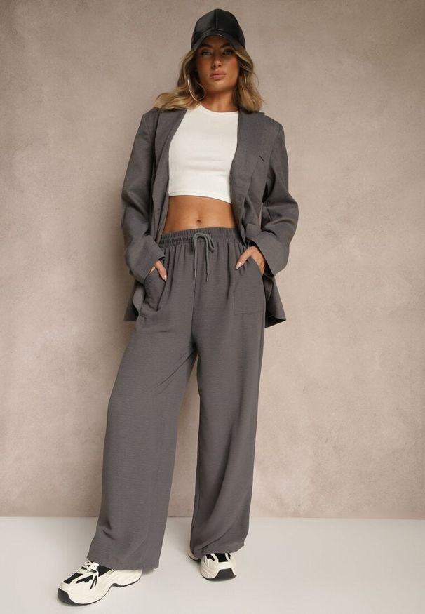 Renee - Szare Szerokie Spodnie z Wiskozą z Gumką w Pasie Lealirre. Okazja: na co dzień. Kolor: szary. Materiał: wiskoza. Wzór: gładki. Styl: casual