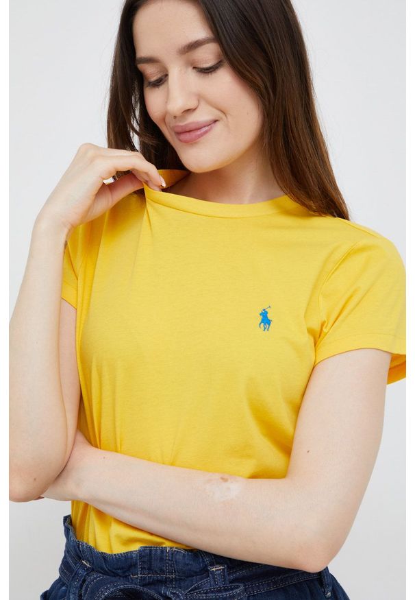 Polo Ralph Lauren t-shirt bawełniany 211847073016 kolor żółty. Okazja: na co dzień. Typ kołnierza: polo. Kolor: żółty. Materiał: bawełna. Długość rękawa: krótki rękaw. Długość: krótkie. Wzór: aplikacja. Styl: casual