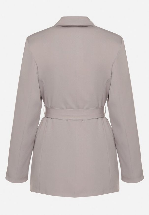 Born2be - Szara Jednorzędowa Marynarka z Paskiem i Usztywnionymi Ramionami Diomella. Okazja: na co dzień. Kolor: szary. Materiał: jeans. Styl: casual, elegancki