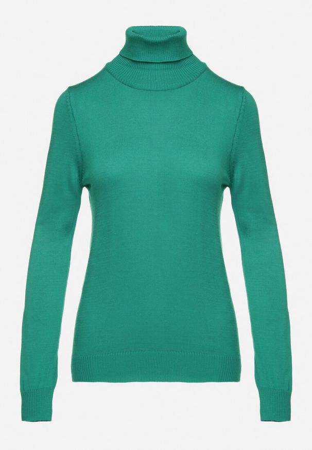 Born2be - Ciemnozielony Golf w Klasycznym Stylu Tasfedi. Okazja: na spotkanie biznesowe. Typ kołnierza: golf. Kolor: zielony. Materiał: jeans. Styl: klasyczny