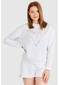 Guess - GUESS Biała bluza damska z odblaskowym logo, Rozmiar XS. Kolor: biały. Materiał: prążkowany, bawełna