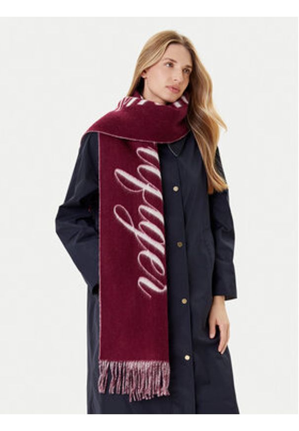 TOMMY HILFIGER - Tommy Hilfiger Szalik Script Logo AW0AW17786 Bordowy. Kolor: czerwony. Materiał: wełna, materiał