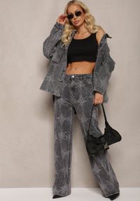 Renee - Ciemnoszare Jeansy z Bawełny High Waist Szerokie w Abstrakcyjny Wzór Orithiia. Okazja: na co dzień. Stan: podwyższony. Kolor: szary. Styl: casual