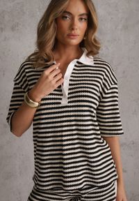 Renee - Beżowo-Czarny Oversizowy Komplet z Dzianiny w Paski Koszulka Polo i Krótkie Spodenki Nanea. Kolor: beżowy. Materiał: dzianina. Wzór: paski #4