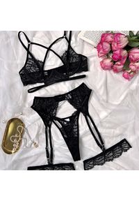 Intica - Komplet bielizny koronkowej z dodatkami Tiertza. Kolor: czarny. Materiał: koronka. Wzór: koronka #1