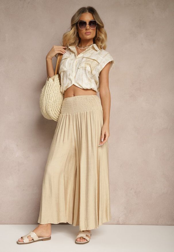 Renee - Beżowe Spodnie o Szerokim Kroju Kuloty High Waist o Długości 7/8 Ulanova. Okazja: na co dzień. Stan: podwyższony. Kolor: beżowy. Długość: długie. Styl: elegancki, casual