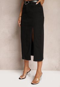 Renee - Czarna Ołówkowa Spódnica Midi z Rozcięciem Otaile. Kolor: czarny. Materiał: jeans. Wzór: aplikacja