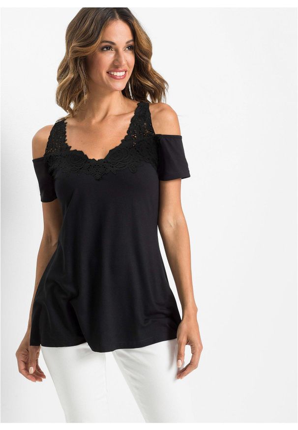 bonprix - Shirt cold-shoulder z koronką. Kolor: czarny. Materiał: koronka. Wzór: koronka