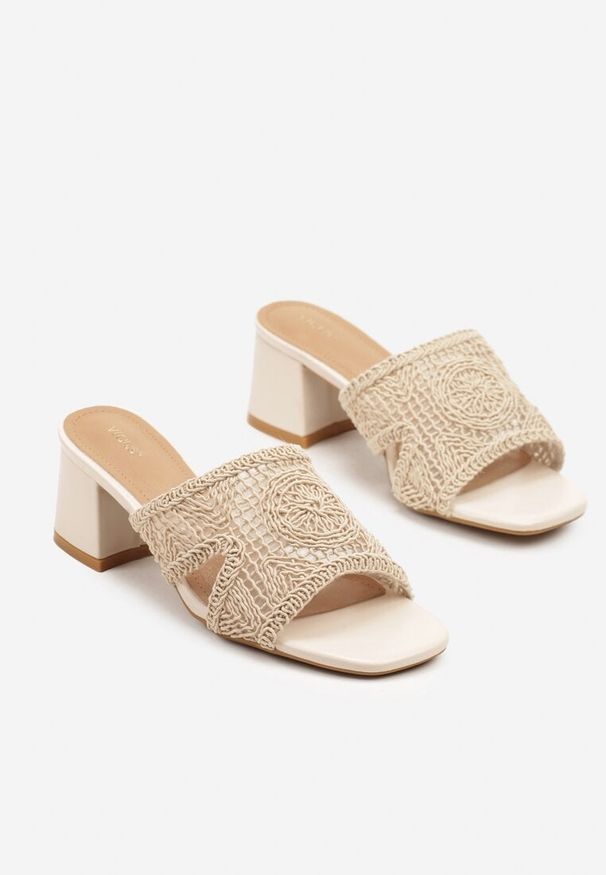 Born2be - Beżowe Klapki Vices na Obcasie z Plecioną Cholewką Desaviel. Okazja: na co dzień. Kolor: beżowy. Materiał: jeans. Obcas: na obcasie. Styl: casual, elegancki. Wysokość obcasa: średni