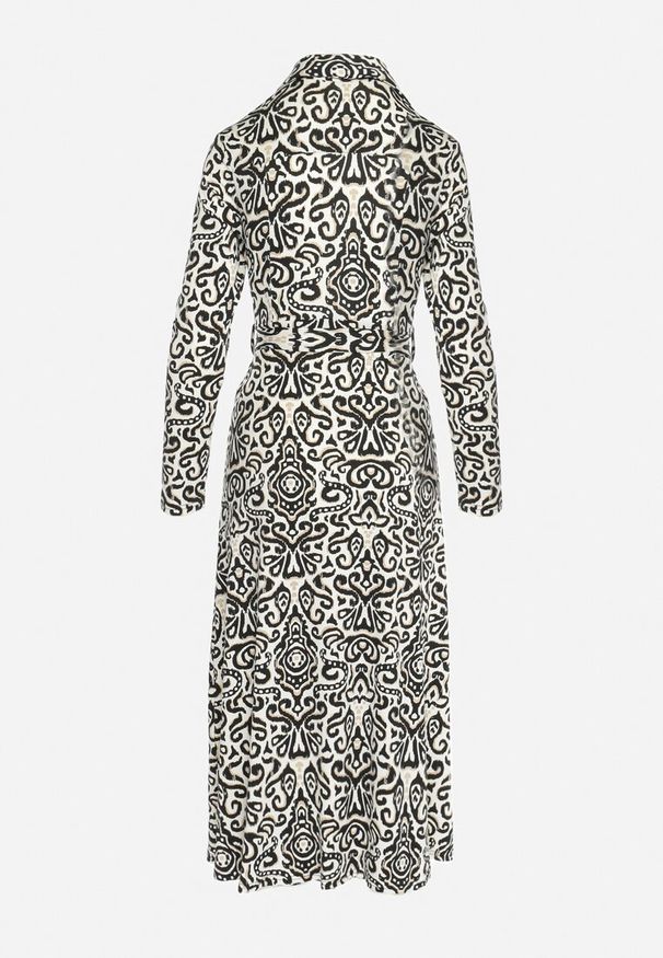 Born2be - Czarno-Biała Rozkloszowana Sukienka Midi o Koszulowym Fasonie z Ozdobnym Wzorem Liovia. Kolor: czarny. Materiał: materiał. Typ sukienki: koszulowe. Styl: klasyczny. Długość: midi