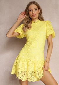 Renee - Żółta Sukienka z Koronkowym Haftem Paisley i Bufiastymi Rękawami Briena. Kolor: żółty. Materiał: koronka. Wzór: paisley, haft #3