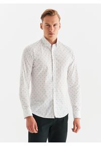 Pako Lorente - PAKO LORENTE – Biała koszula męska w granatowy drobny print. Typ kołnierza: kołnierzyk klasyczny. Kolor: biały, niebieski, wielokolorowy. Materiał: bawełna, elastan. Długość rękawa: długi rękaw. Długość: długie. Wzór: nadruk. Styl: klasyczny #6