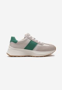 Renee - Beżowo-Zielone Skórzane Sneakersy z Materiałowymi Wstawkami Celana. Kolor: beżowy. Materiał: materiał, skóra. Wzór: aplikacja #5