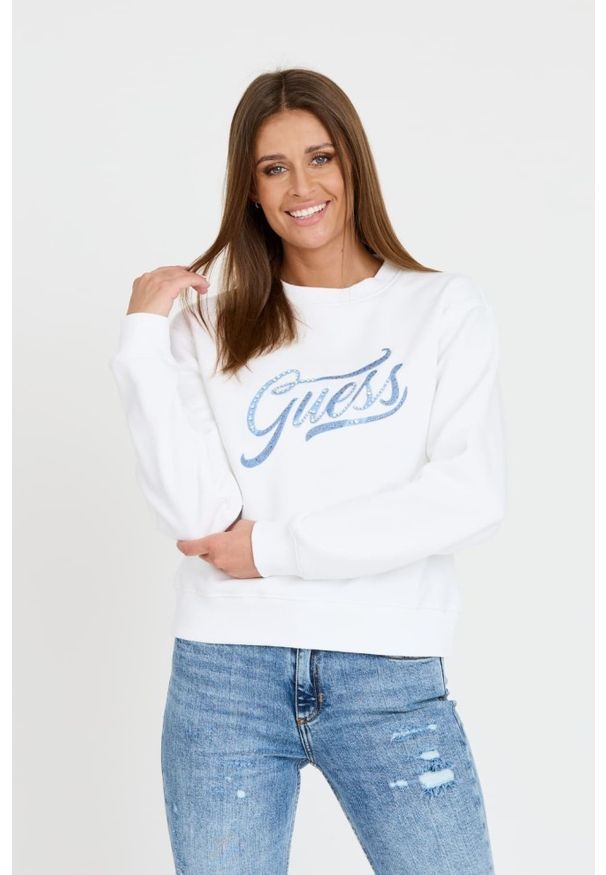 Guess - GUESS Biała damska bluza z cyrkoniami, Rozmiar L. Kolor: biały