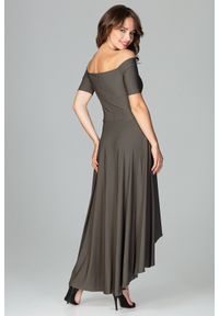 Lenitif - Asymetryczna sukienka z odkrytymi ramionami oliwkowa. Kolor: oliwkowy. Materiał: tkanina. Wzór: gładki. Typ sukienki: asymetryczne, z odkrytymi ramionami. Styl: elegancki #3