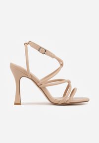 Renee - Beżowe Sandały na Klepsydrowej Szpilce z Geometrycznymi Paskami Molthise. Zapięcie: pasek. Kolor: beżowy. Wzór: geometria. Obcas: na szpilce. Styl: wizytowy, glamour #4