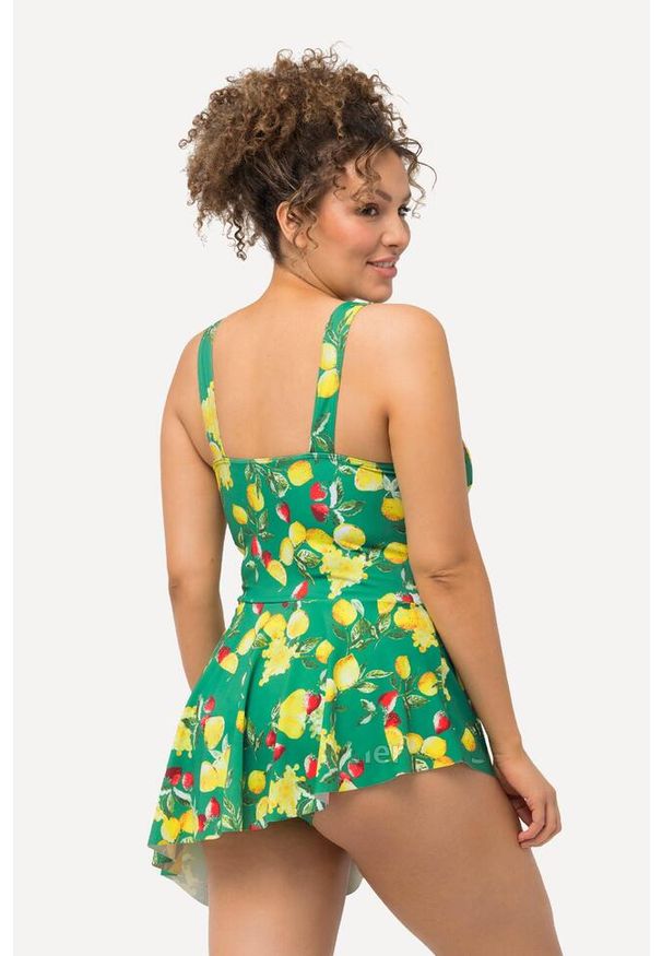 ULLA POPKEN - Damska Sukienka Kąpielowa cytryny miękkie miseczki asymetryczny dół. Kolekcja: plus size. Kolor: zielony. Materiał: poliester, elastan, poliamid, materiał