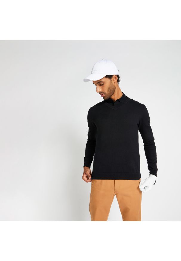 INESIS - Sweter do golfa MW500 męski. Typ kołnierza: golf. Kolor: czarny. Materiał: materiał, bawełna. Sport: golf