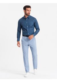 Ombre Clothing - Bawełniana koszula męska we wzory SLIM FIT - niebieska V4 - Rozmiar: S. Kolor: niebieski. Materiał: bawełna. Styl: klasyczny