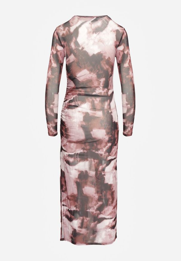 Renee - Brązowa Dopasowana Sukienka Siateczkowa Maxi z Rozcięciem i Marszczeniem Soininen. Kolor: różowy. Materiał: tkanina. Wzór: nadruk. Typ sukienki: dopasowane. Styl: elegancki. Długość: maxi