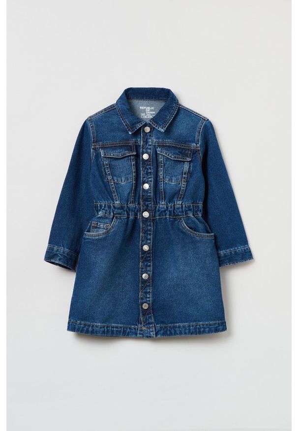 OVS sukienka jeansowa dziecięca mini rozkloszowana. Kolor: niebieski. Materiał: jeans. Długość rękawa: długi rękaw. Typ sukienki: rozkloszowane. Długość: mini