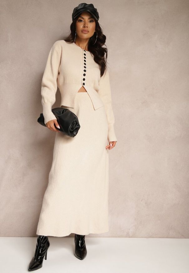 Renee - Jasnobeżowy Komplet z Dzianiny z Wełną Kardigan z Guzikami i Spódnica z Gumką w Talii Melzina. Kolor: beżowy. Materiał: dzianina, wełna