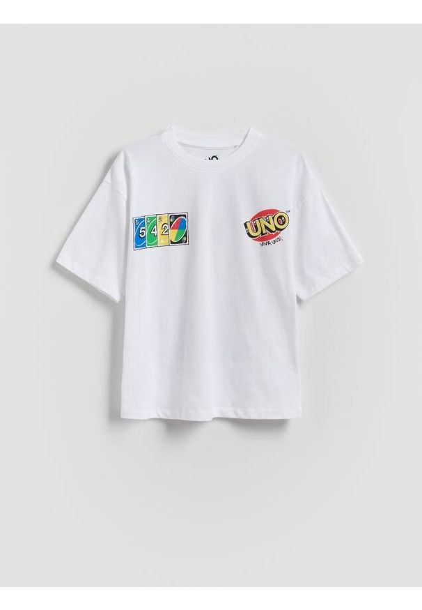 Reserved - T-shirt z nadrukiem UNO - biały. Kolor: biały. Materiał: dzianina, bawełna. Wzór: nadruk