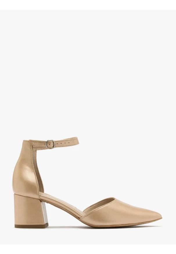 Ryłko - Złote czółenka na klocku. Kolor: złoty. Materiał: skóra. Obcas: na obcasie. Wysokość obcasa: średni