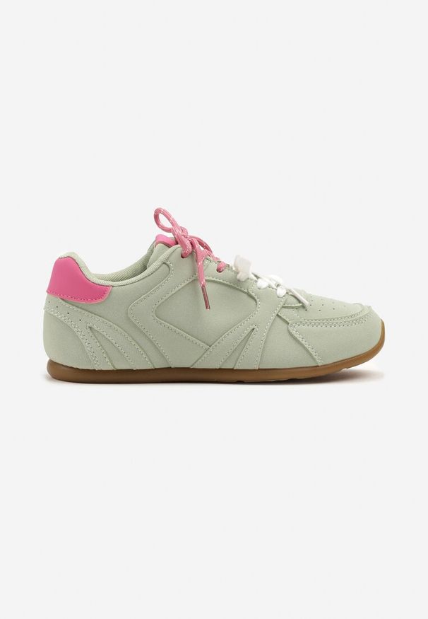 Renee - Jasnozielone Sneakersy Ozdobione Przeszyciami i Podwójnym Sznurowaniem Telisaria. Okazja: na co dzień. Zapięcie: sznurówki. Kolor: zielony. Materiał: jeans. Wzór: aplikacja
