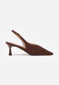 Renee - Ciemnobrązowe Czółenka Slingback VICES na Kaczuszce z Ażurową Cholewką Klephei. Zapięcie: pasek. Kolor: brązowy. Materiał: jeans, skóra, koronka. Szerokość cholewki: normalna. Wzór: ażurowy. Obcas: na szpilce #7
