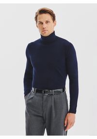 Pako Lorente - PAKO LORENTE - Granatowy gładki golf męski. Typ kołnierza: golf. Kolor: beżowy, niebieski. Materiał: elastan, poliamid, bawełna. Wzór: gładki. Sezon: jesień #1