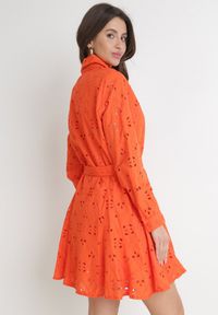 Born2be - Pomarańczowa Ażurowa Sukienka Bawełniana z Wiązanym Paskiem Ilerah. Kolor: pomarańczowy. Materiał: bawełna. Wzór: ażurowy. Styl: boho