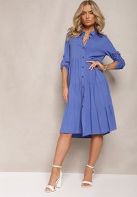 Renee - Niebieska Rozkloszowana Sukienka z Bawełny w Koszulowym Stylu Canidre. Kolor: niebieski. Materiał: bawełna. Typ sukienki: koszulowe