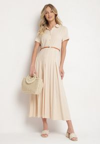 Born2be - Beżowa Wiskozowa Sukienka o Koszulowym Fasonie z Wąskim Paskiem Fillamea. Kolor: beżowy. Materiał: wiskoza. Wzór: aplikacja. Typ sukienki: koszulowe. Styl: elegancki #6