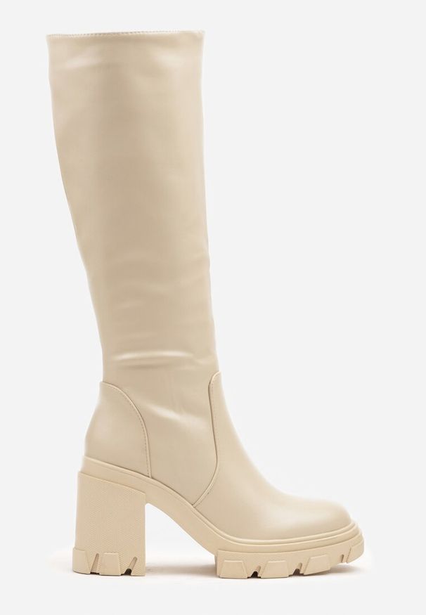 Born2be - Beżowe Kozaki na Obcasie z Dopasowaną Cholewką Avanette. Kolor: beżowy. Materiał: dzianina, skóra, wełna. Szerokość cholewki: normalna. Obcas: na obcasie. Styl: elegancki. Wysokość obcasa: średni