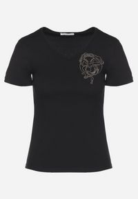 Born2be - Czarny T-shirt z Bawełny z Cyrkoniowym Wzorem Uliavira. Okazja: na co dzień. Typ kołnierza: dekolt w kształcie V. Kolor: czarny. Materiał: bawełna. Wzór: aplikacja. Styl: elegancki, casual #2