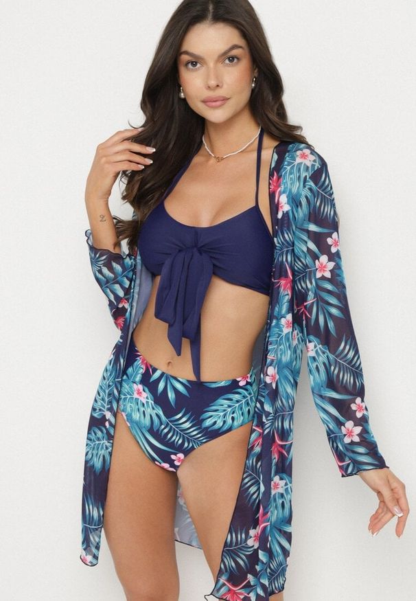 Born2be - Granatowe Bikini Wiązany Biustonosz i Majtki Figi z Dodatkową Narzutką z Siateczki Zareliah. Kolor: niebieski. Materiał: len. Wzór: aplikacja