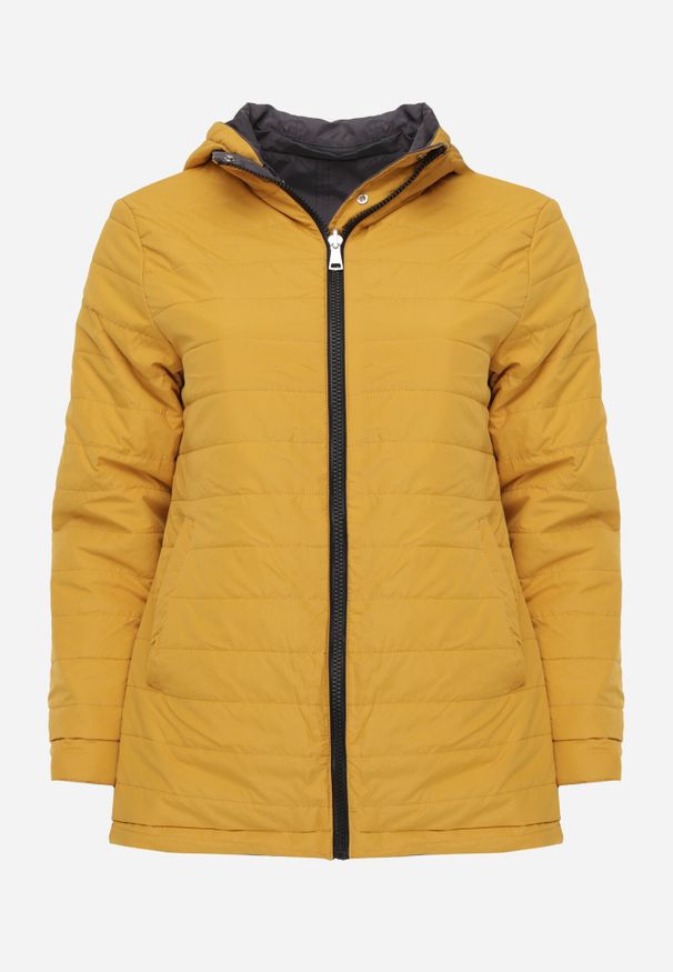 Born2be - Szaro-Żółta Przejściowa Kurtka Dwustronna Parka z Pikowaniem i Kapturem Tidare. Okazja: na spacer, na co dzień. Kolekcja: plus size. Kolor: szary. Materiał: poliester, jeans. Styl: casual, sportowy