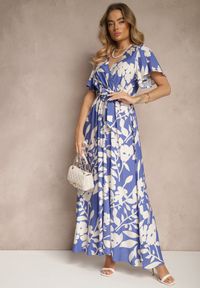 Renee - Niebieska Wiskozowa Sukienka Rozkloszowana w Kwiaty z Paskiem Flornelia. Okazja: na spacer. Kolor: niebieski. Materiał: wiskoza. Wzór: kwiaty. Sezon: lato #5