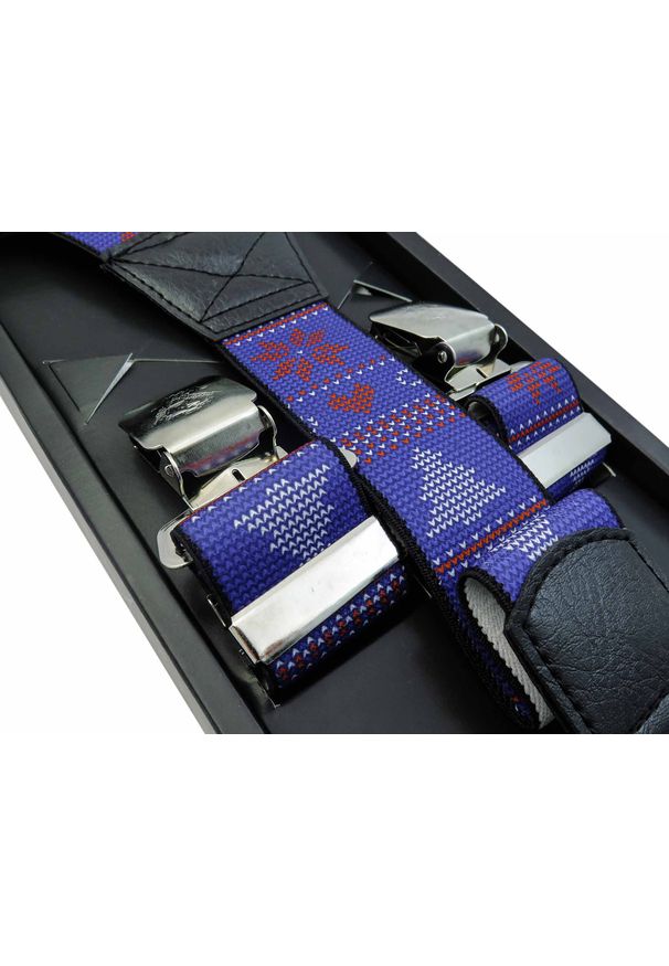 Modini - Niebieskie szelki w świąteczny wzór SZ106. Kolor: niebieski. Materiał: skóra, guma