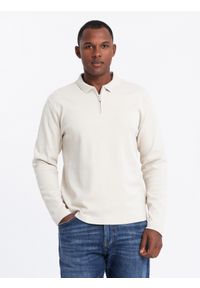Ombre Clothing - Longsleeve męski polo z zapinanym na zamek kołnierzykiem – kremowy V3 - Rozmiar: L. Typ kołnierza: polo. Kolor: kremowy. Materiał: dzianina, bawełna, skóra, materiał. Długość rękawa: długi rękaw. Wzór: aplikacja. Styl: elegancki, sportowy