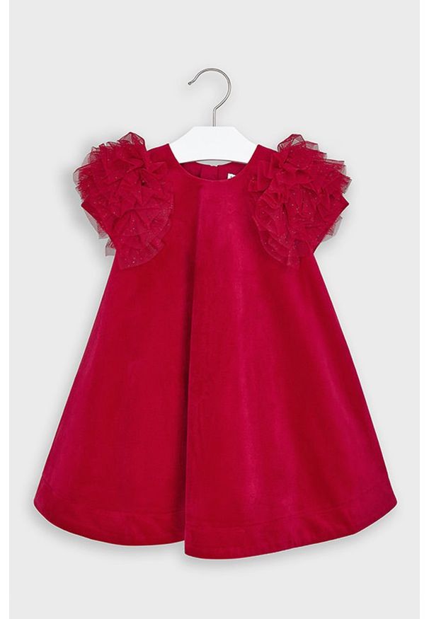 Mayoral - Sukienka dziecięca 98-134 cm. Kolor: czerwony. Materiał: bawełna, poliester, materiał, dzianina. Długość rękawa: krótki rękaw. Wzór: gładki, aplikacja. Typ sukienki: rozkloszowane. Długość: mini