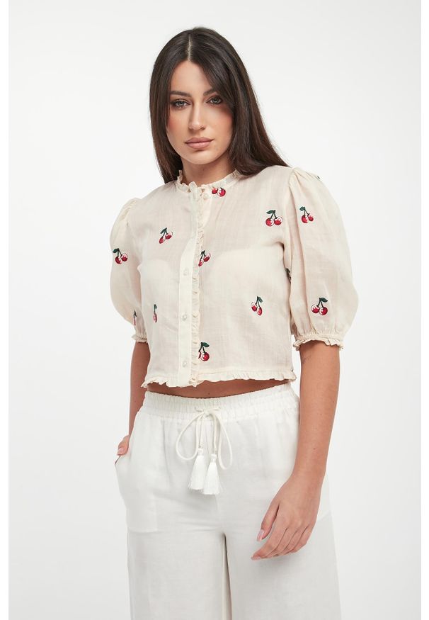 Twinset Milano - Koszula damska z haftem czereśni TWINSET. Wzór: haft