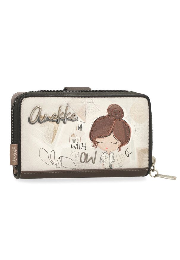 Portfel damski Anekke, z dekoracyjnym nadrukiem i metalowym logo zamykany na klapę wyposażony w przegrody na banknoty kieszeń na monety oraz liczne m. Kolor: brązowy. Wzór: nadruk